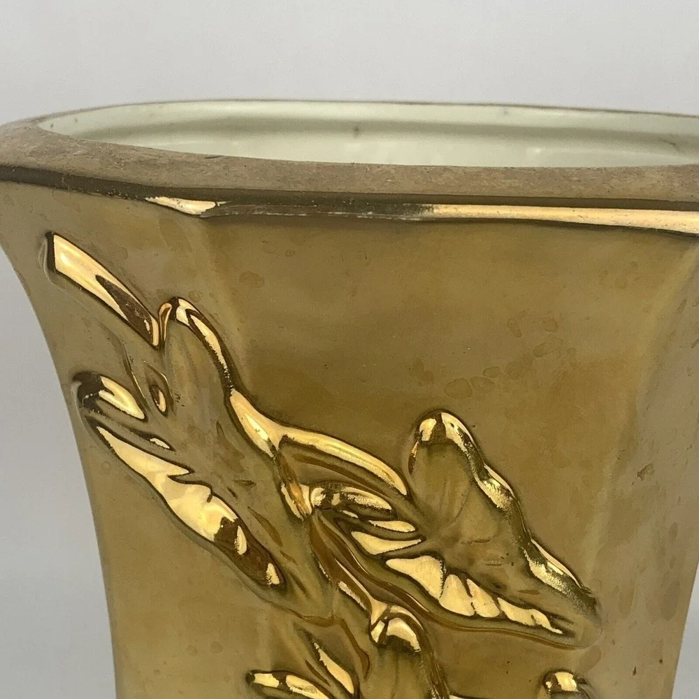 Vintage Gold Glaze Vase MCM Decor Ivy Leaf Flowers Wedding Holiday Metallic